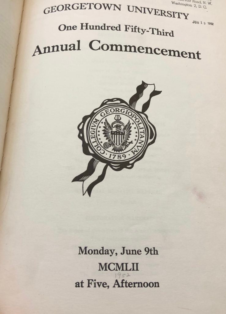 An image of the cover of program for the 153rd annual commencement of Georgetown University, which was held June 9, 1952 at 5 PM.
