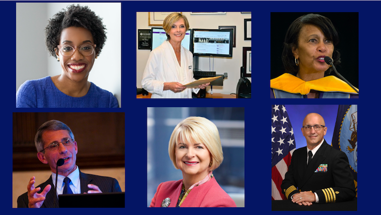 Photo collage: Clockwise from top left: Congresswoman Lauren Underwood, Dr. Erin Harnett, Dr. Beverly Malone, Dr. Dennis Spence, Dr. Robyn Begley, and Dr. Anthony Fauci