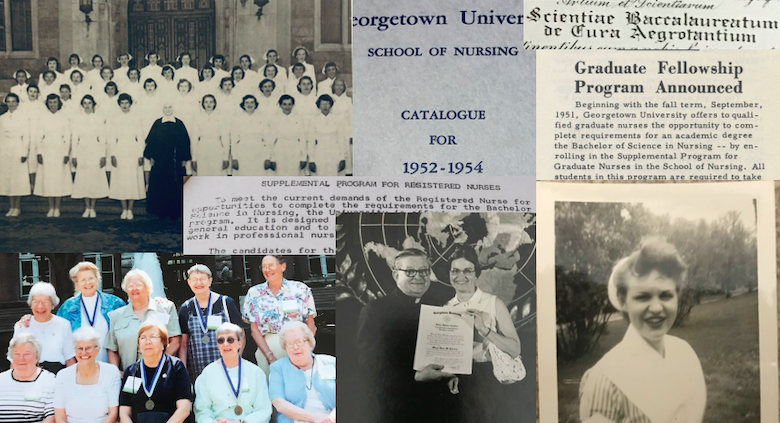 A collage of photos of the Class of 1953, of Mary Anne Curtis, of booklet covers and announcements, and from Reunions