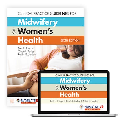 A collage of a book cover for Clinical Practice Guidelines for Midwifery & Women's Health and a tablet computer image for the online edition