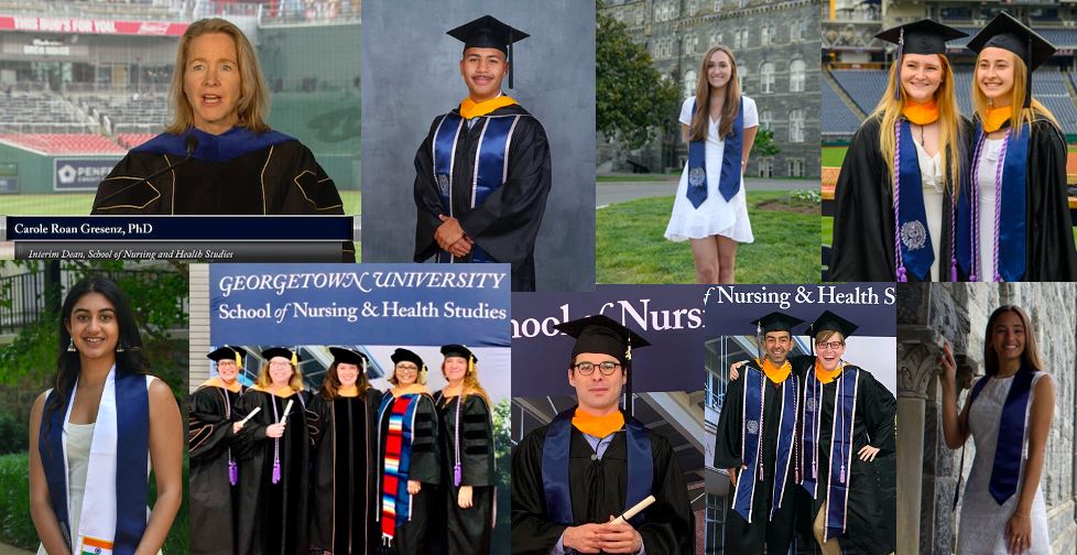A photo collage of several graduate-related photographs, including Interim Dean Carole Gresenz speaking from a podium at Nationals Park and photographs of graduating students either on campus, at Nationals Park, or in a photo studio.