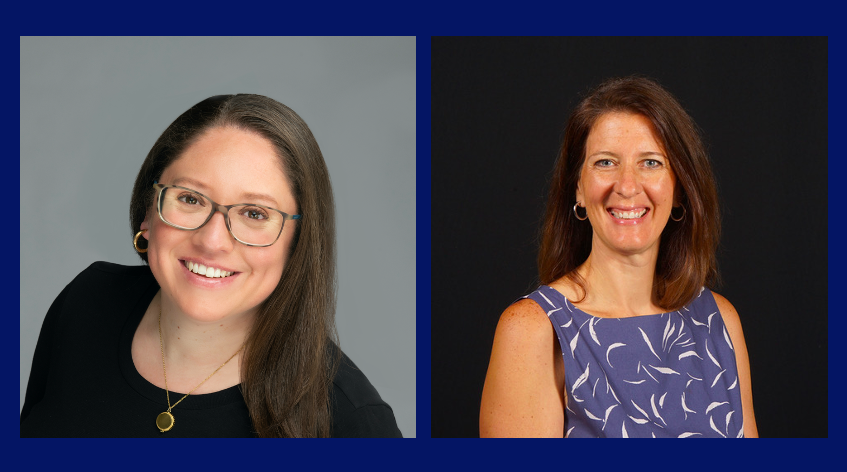 Left to right are Professor Melicia Escobar and Professor Heather Bradford in separate portrait-style photos on a blue background.