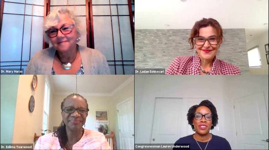 A screenshot of the Zoom-based conversation for National Nurses Week with participant images clockwise from top left: Dr. Mary Haras, Dr. Ladan Eshkevari, Congresswoman Lauren Underwood, and Dr. Edilma Yearwood