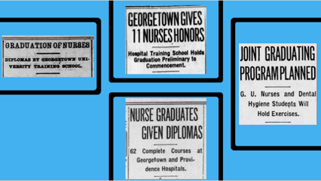 Newspaper headlines from four GU graduations for diploma students, including the first in 1906. Clockwise from left: June 13, 1906 Evening Star, June 2, 1920 Washington Times, June 3, 1934 Sunday Star, and June 2, 1933 Evening Star – all via Newspapers.com. 