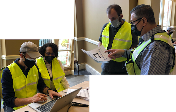 A collage of two photographs of staff members in yellow vests, two working at a computer and two reviewing a document
