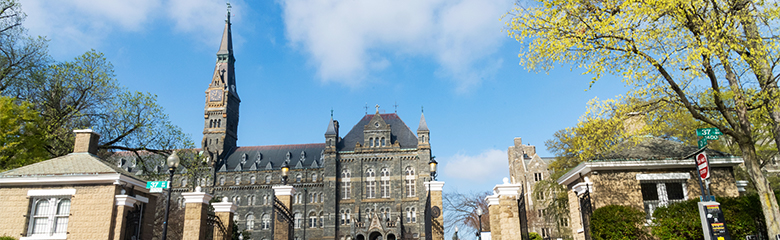 Georgetown campus gate with Healy Hall in the background