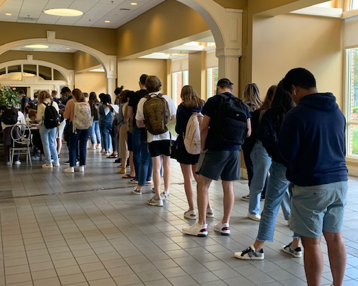 Students wait in line for the flu clinic