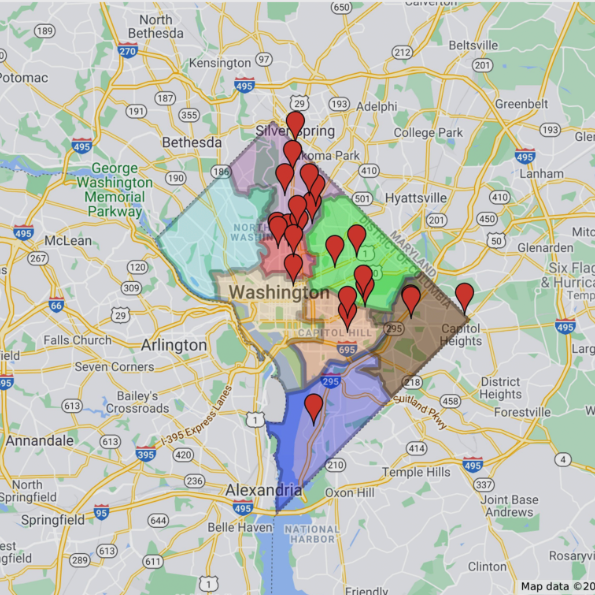 A Google map on which red markers indicate laundromat locations