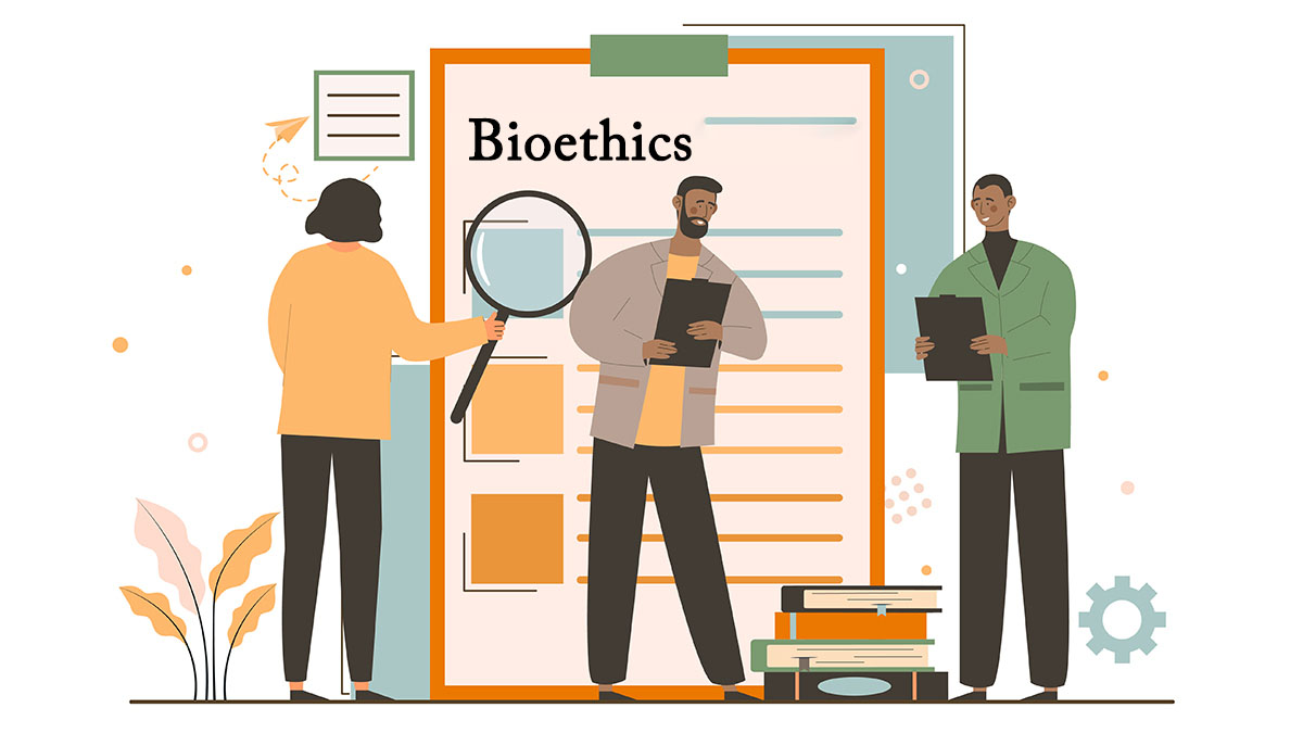 An illustration of three figures consulting bioethics texts
