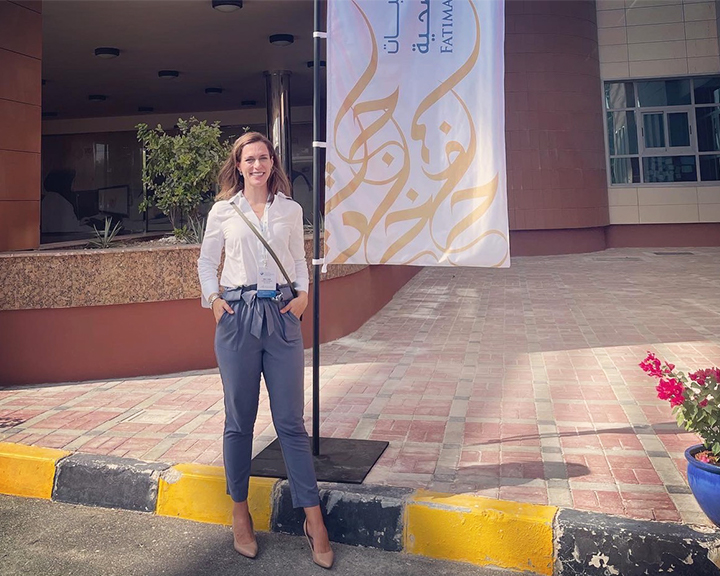 Mara Evans stands outside a hospital building in the UAE
