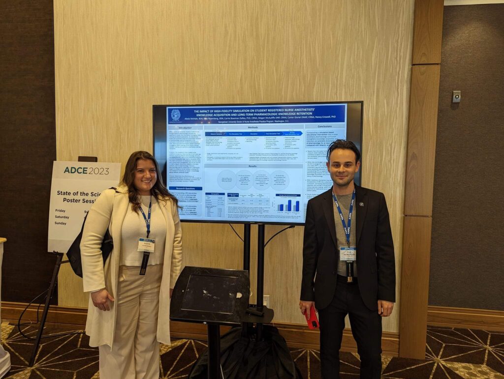 DNAP Program students Alexis McHale, BSN, SRNA and Max Rozenberg, BSN, SRNA, presenting their poster at the ADCE in Austin, TX.