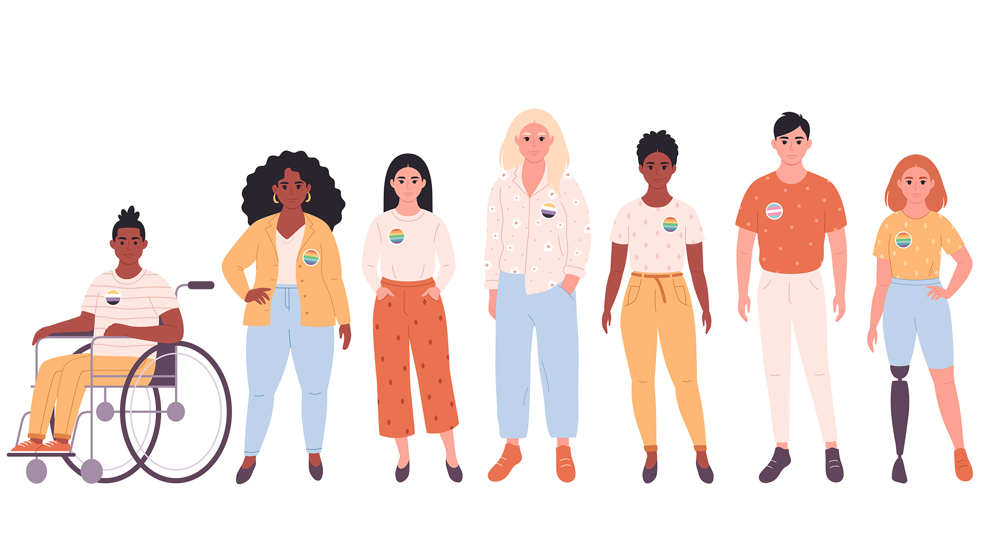 Illustration of a diverse group of individuals, including a wheelchair user and person with a prosthetic leg