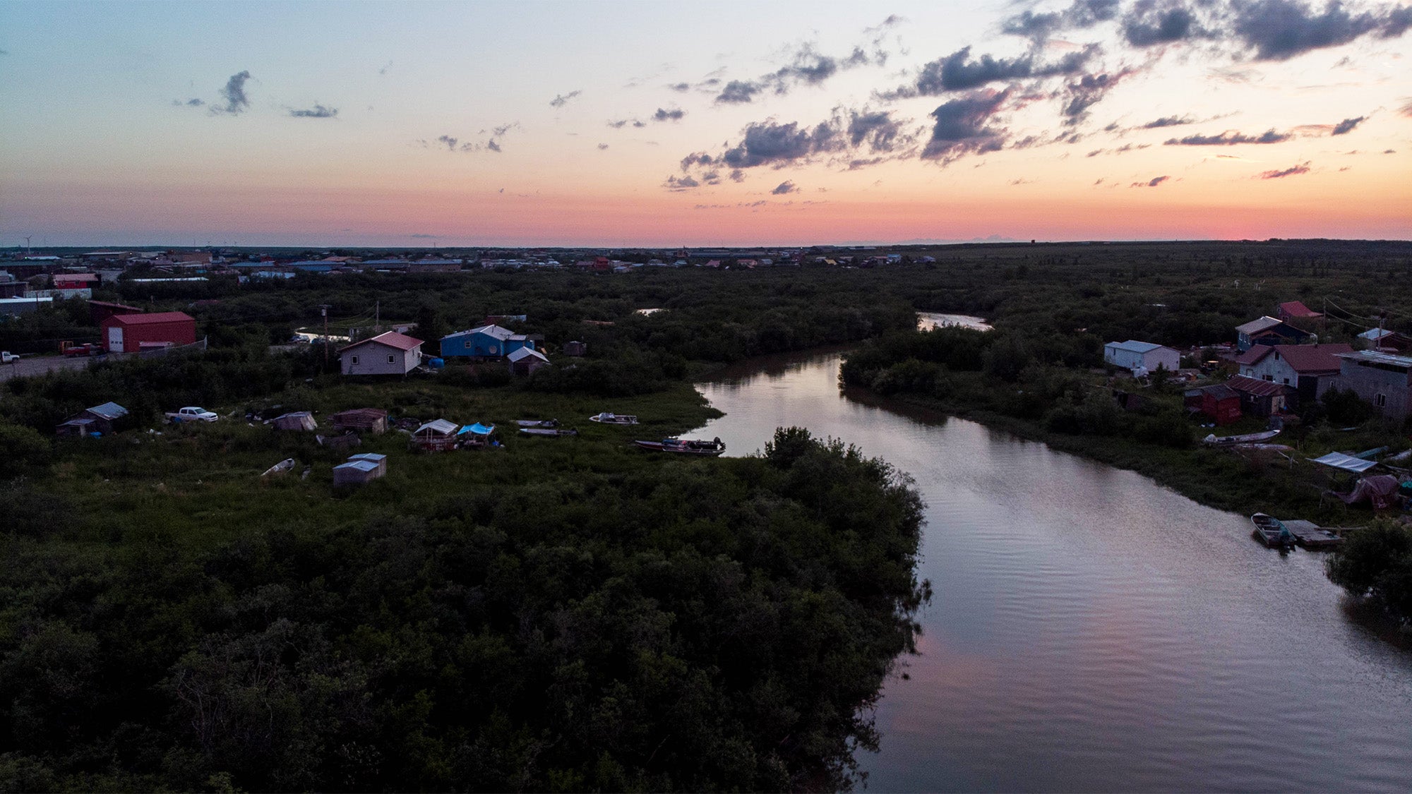 An aerial view of sunset over Bethel, Alaska