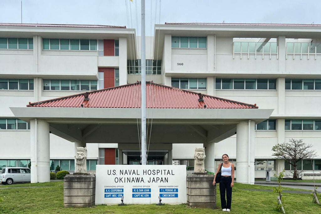 Blackston outside the U.S. Naval Hospital in Okinawa, Japan