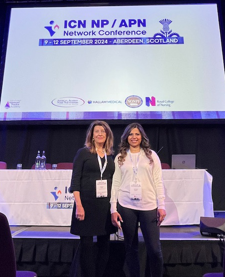 Dr. Debra Kosko supporting BSN-DNP student Farwa Mateen (G’24) at the 13th International Council of Nurses Nurse Practitioner / Advanced Practice Nurse Network Conference.