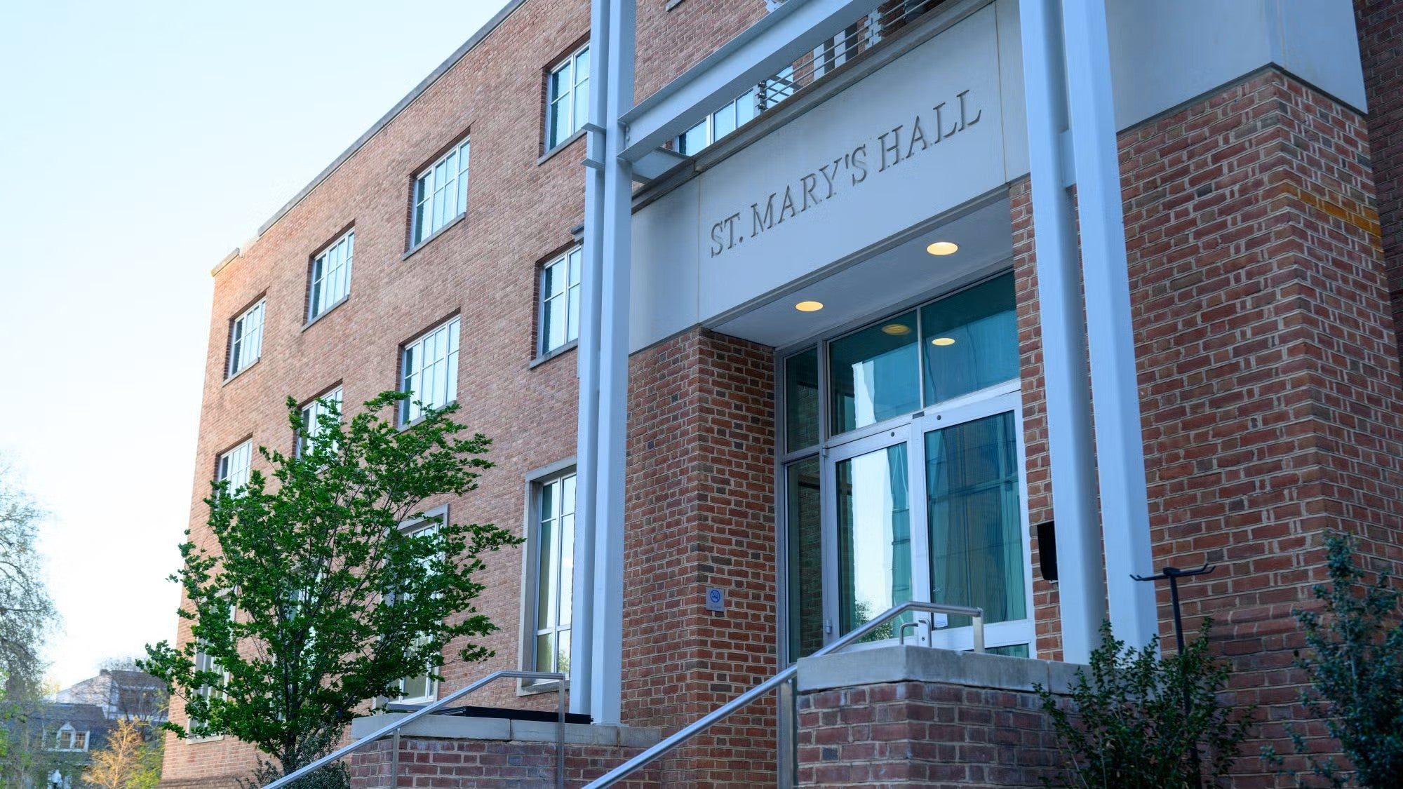The entrance to St. Mary's Hall at dusk