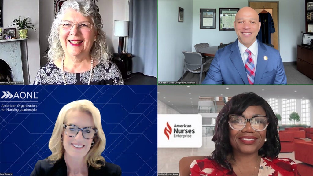 Four Zoom windows with a speaker in each one