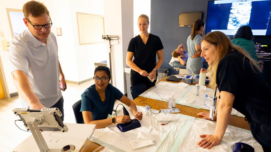 An instructor in the Nurse Anesthesia Program points to a screen as a student uses a simulation of an ultrasound machine and other students look on