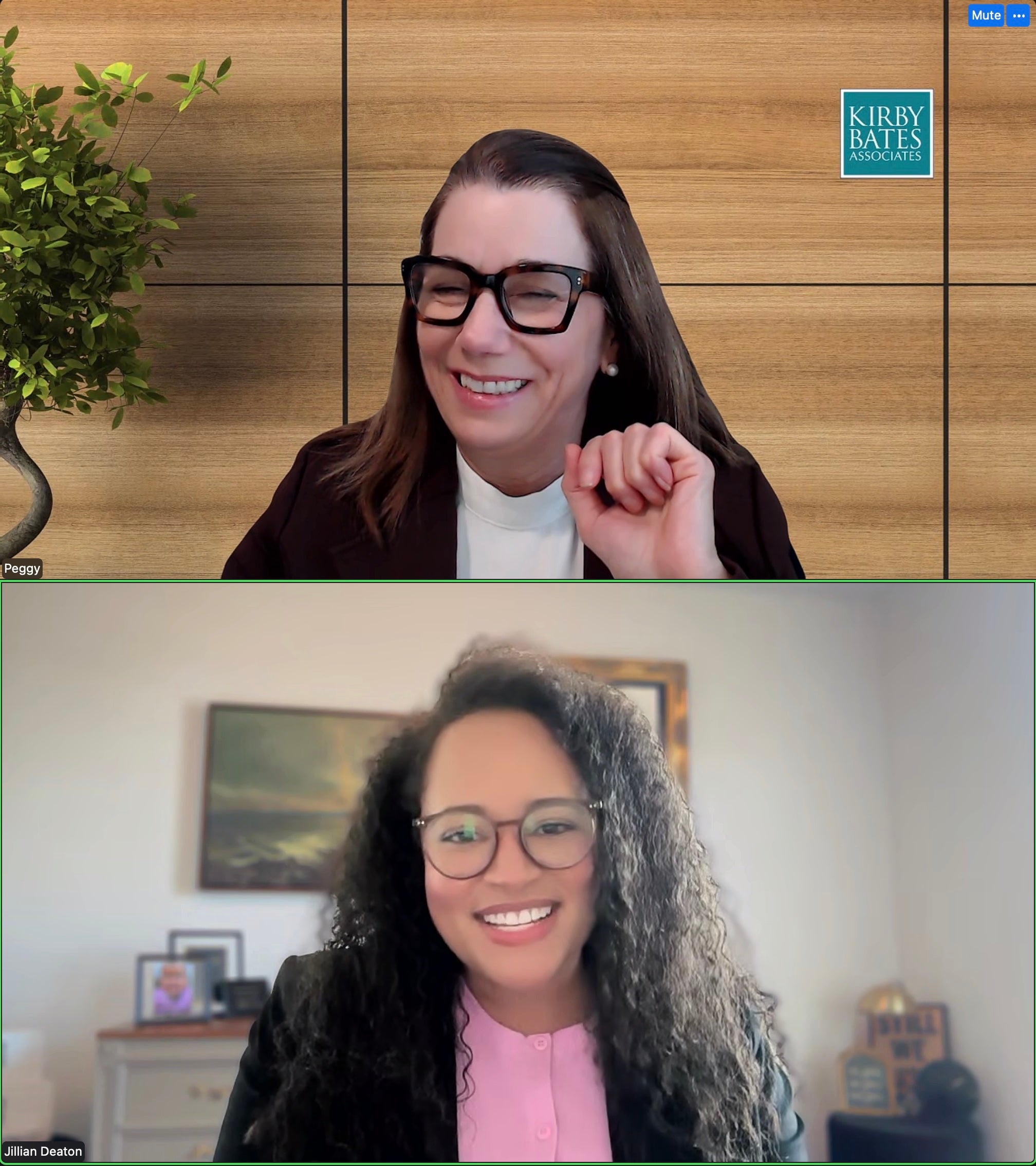 Jillian Deaton's image is placed below Peggy Loughery. They appear to be talking to each other via video conferencing.