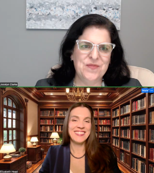 Jocelyn Clarke pictured above a of Elizabeth Head.
They appear to be talking to each other via video conferencing.