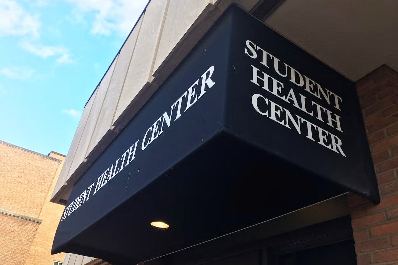 The awning of the Student Health Center on the Hilltop Campus