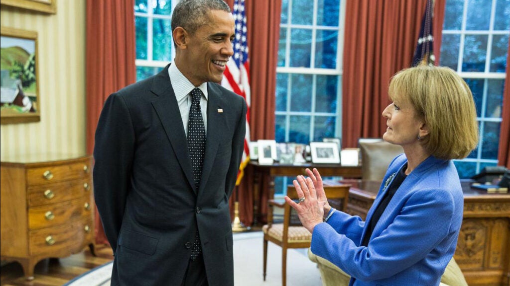 Mary Wakefield speaks with President Barack Obama